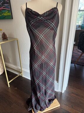 Victoria's Secret Black Plaid Cowl Neck Maxi Slip Dress